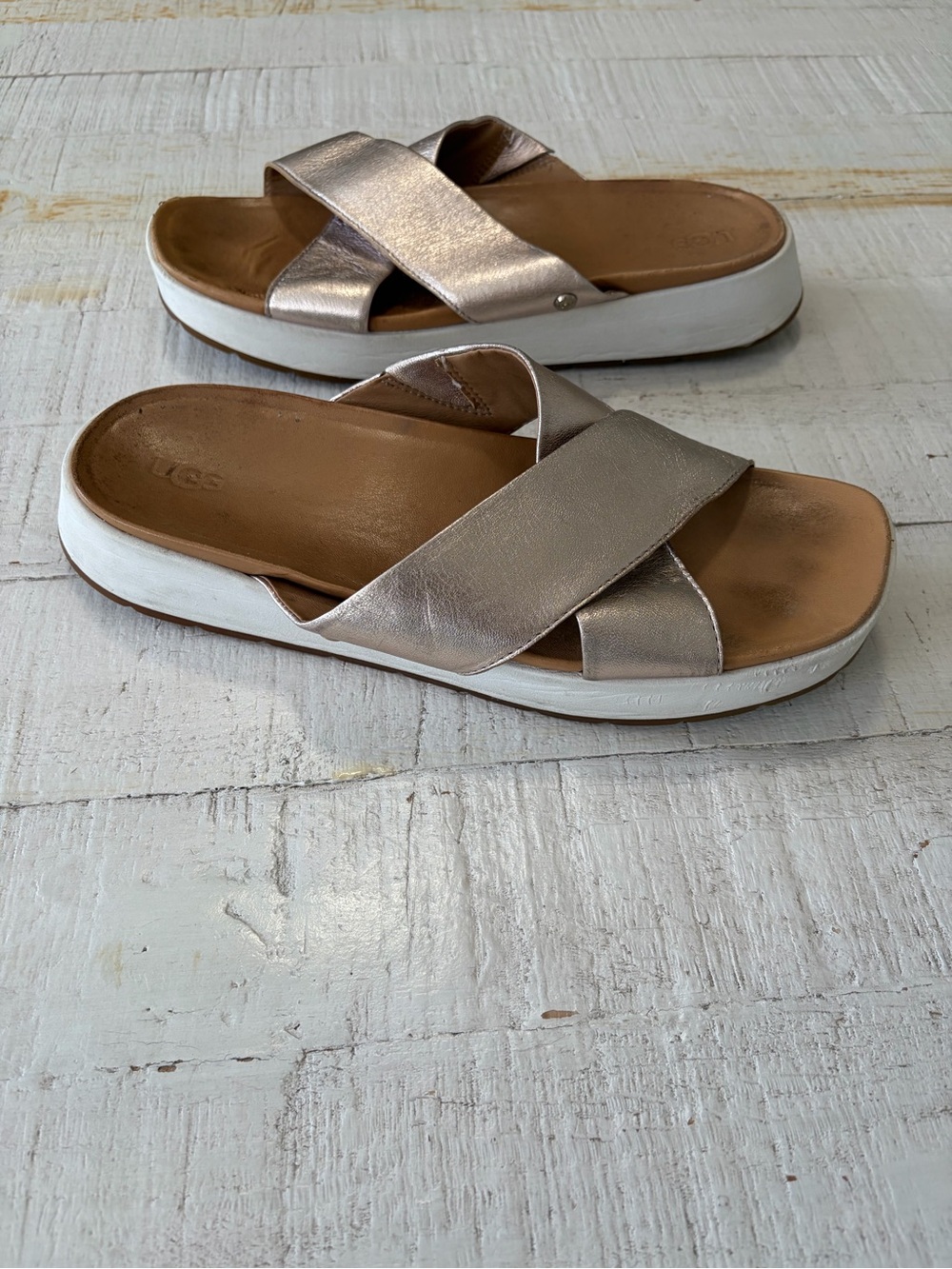 UGG Emily Slides size 10 Metallic Gold Leather Sandals Criss‎ Cross Straps